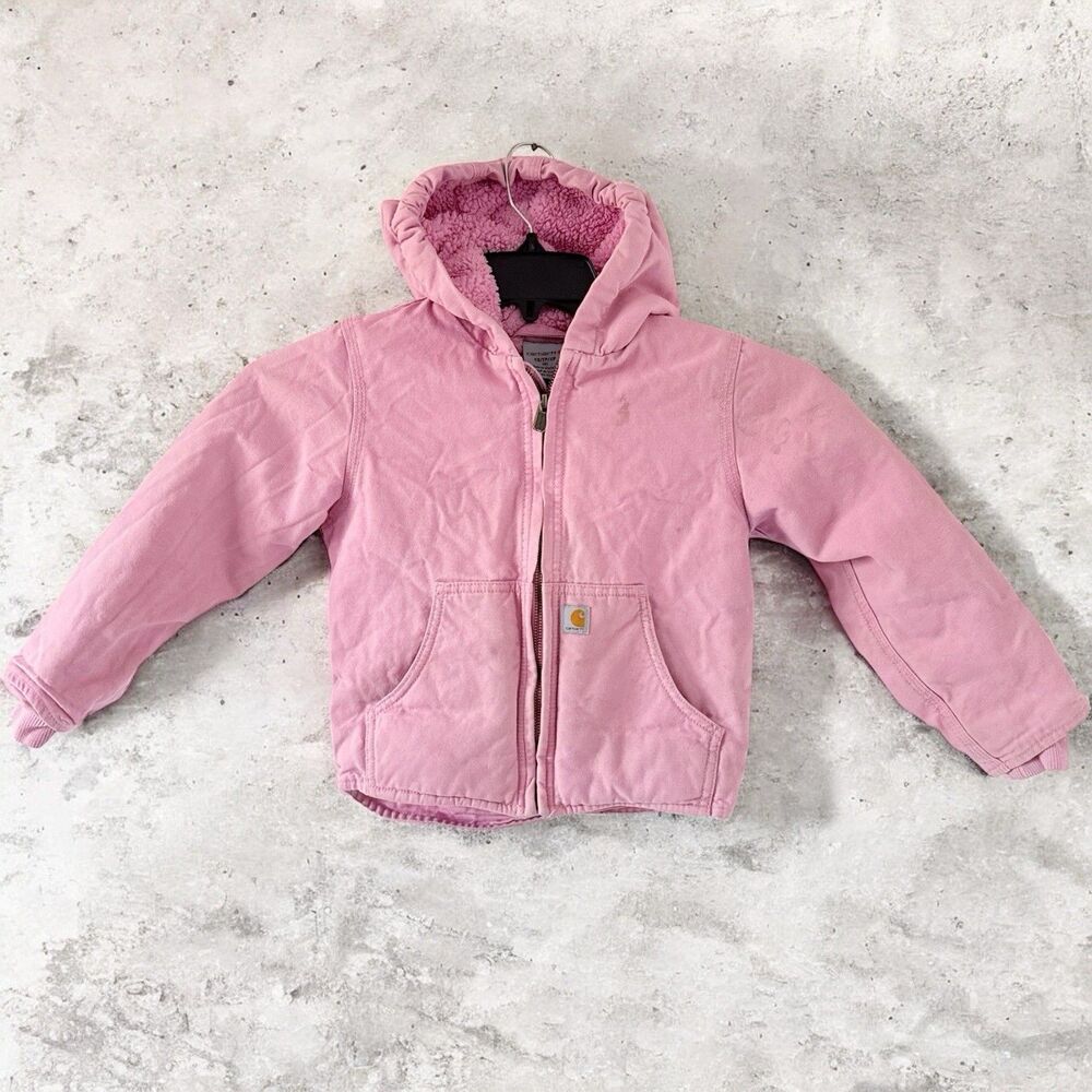 Carhartt Girls Pink Hooded Sherpa Lined Canvas Jacket XS (6) Full Zip DISTRESSED